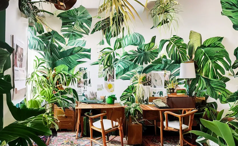 Prompt: tropical themed office interior, maximalist, multiple desks, bamboo wood, cupboards, tropical plants, natural materials, earth colors, bohemian, swedish design, carpets, large windows with a view of a lush park, bright, white