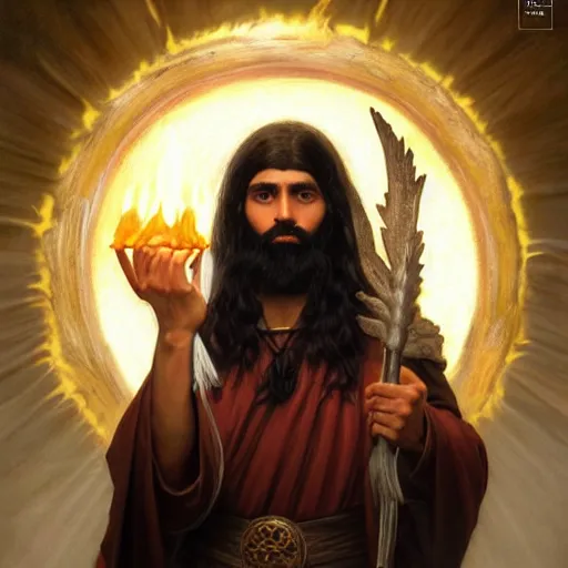 Image similar to perfectly-centered-Portrait of a black haired latino cleric druid, flame wielding, The Perfect Human male Specimen, intricate, elegant, super highly detailed, professional digital painting, artstation, concept art, smooth, sharp focus, no blur, no dof, extreme illustration, Unreal Engine 5, 8K, art by artgerm and greg rutkowski and alphonse mucha loish and WLOP