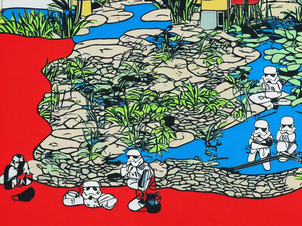 Image similar to close - up image of a japanese house with a pond, stormtroopers sitting around it, in style of pop - art, andy warhol, roy lichtenstein, jackie tsai, bright and saturated palette, acrylic on canvas