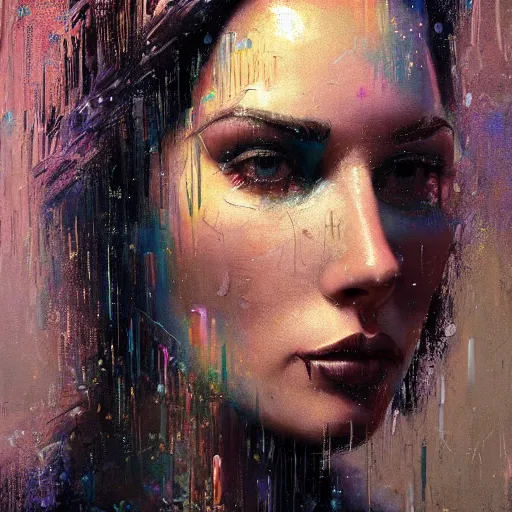 Image similar to detailed face of a woman clothed wrapped in textiles, lush, opulent, shards, utopian, tech noir, wet reflections, prism, atmospheric, ambient, pj crook, syd mead, livia prima, artgerm, greg rutkowski, nick alm, casey baugh