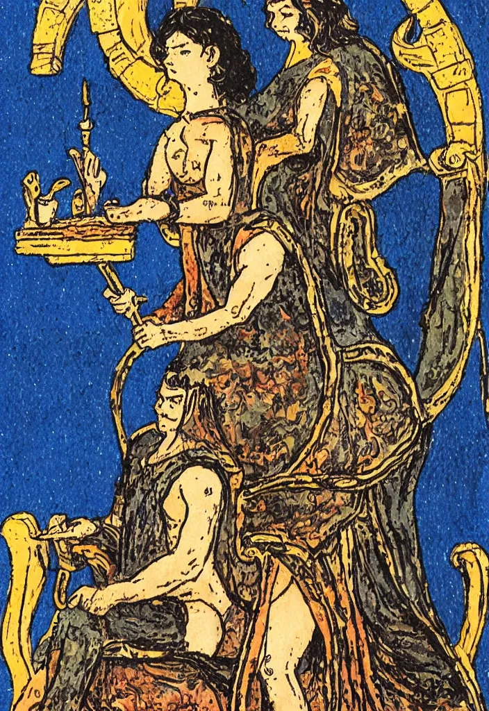 Image similar to Yann LeCun sitting on the throne on a tarot card, illustrated on the Rider–Waite tarot, highly detailed