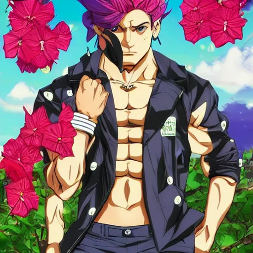 Prompt: handsome boxer, punching, wearing jacket, bodybuilder posing, portrait surrounded by hibiscus flowers, jojo cover art, jojo anime style, david production, style of vento aureo cover art, style of stone ocean cover art, style of steel ball run cover art, style of jojolion cover art, ilya kuvshinov style, illustrated by hirohiko araki