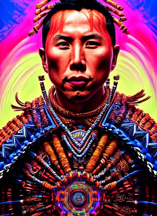 Image similar to portrait of donnie yen, hyper detailed ultra sharp aztec shaman warrior. trending on artstation, warpaint aesthetic, bloodwave, colorful, psychedelic, ornate, intricate, digital painting, concept art, smooth, sharp focus, illustration, art by artgerm and greg rutkowski and h. r. giger, 8 k