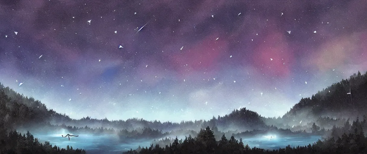 Prompt: digital painting of a ultra detailed night sky with constellations, very beautiful girl swimming in a blue pool, detailed water ripples, Perseides meteor shower, ultra detailed hill top over behind a forest, large mountains in back, concept art, low angle, high detail, warm lighting, volumetric, godrays, vivid, beautiful, trending on artstation, by Jordan Grimmer, no focus, huge scene, ultra detailed trees, F11 aperture, in the style of ALBERT BIERSTADT