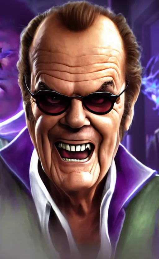 Image similar to Jack Nicholson as a character in the game League of Legends, with a background based on the game League of Legends, detailed face, old 3d graphics