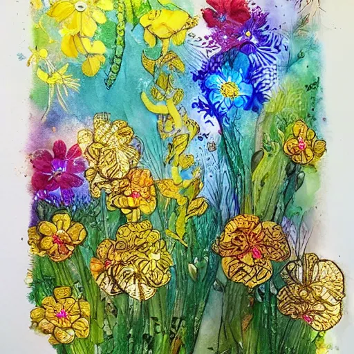 Prompt: summer garden, alcohol ink painting with gold filigree, very beautiful masterpiece, stunning, gorgeous