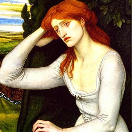 Image similar to The Sorrowful Qween Gwyneth by Dante Gabriel Rossetti, oil on canvas, realist quality