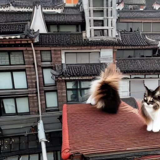 Prompt: a cute maine coon cat walking on the roof of acient chinese in the morning, arcane style