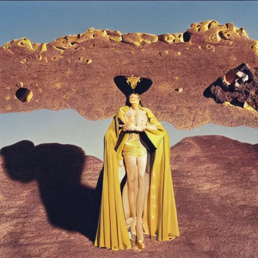 Image similar to salvador dali wearing a golden dress with jewels in a dry rocky desert landscape, visible sky and sunny atmosphere, fata morgana and giant square mirrors, film still from the movie by alejandro jodorowsky with cinematogrophy of christopher doyle and art direction by hans giger, anamorphic lens, kodakchrome, very detailed photo, 8 k