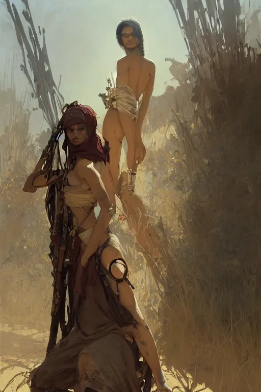 Image similar to a full body portrait of a beautiful post apocalyptic offworld musicians district bedouin blind pulp fiction scarlet wild rogue barbarian leper begging by the roadside, intricate, elegant, highly detailed, digital painting, artstation, concept art, smooth, sharp focus, illustration, art by krenz cushart and artem demura and alphonse mucha