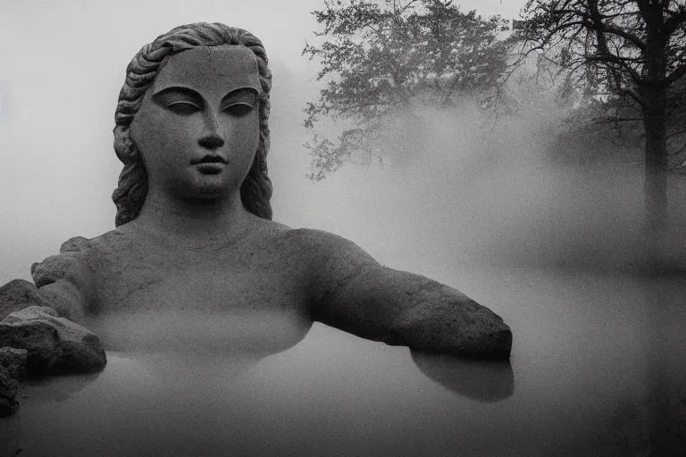 Image similar to a giant statue face of a goddess emerging from the lake, mist, lomography photo effect, monochrome, noise grain film