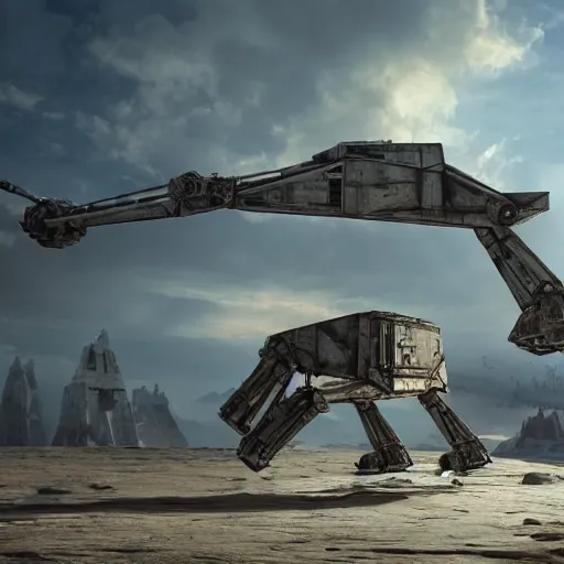 Image similar to a hyperrealistic octane render of a star wars at - at by salvador dali, unreal engine, 8 k, dramatic lighting, volumetric lighting, hyper detailed, photorealistic