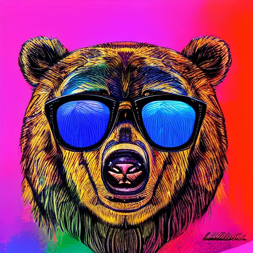 Prompt: Bear in sunglasses.digital art.high quality.high accuracy.psychedelic style.