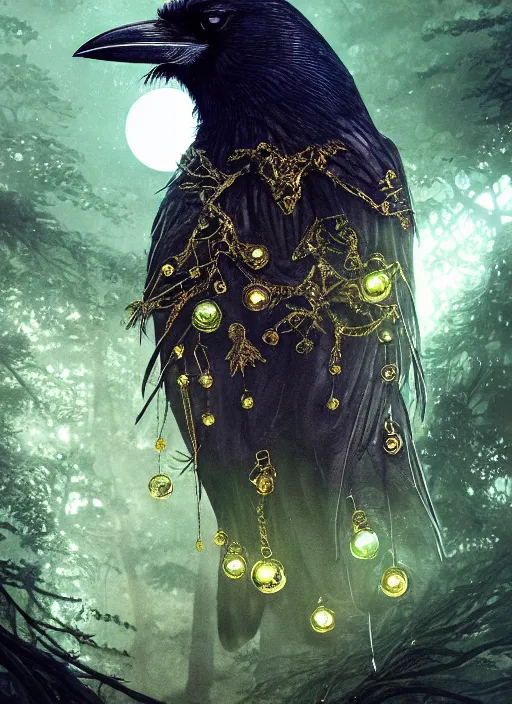 Image similar to best book cover design, glowing silver and golden elements, full close-up portrait of realistic crow with gems, book cover, green forest, white moon, establishing shot, extremly high detail, photo-realistic, cinematic lighting, by Yoshitaka Amano, Ruan Jia, Kentaro Miura, Artgerm, post processed, concept art, artstation, matte painting, style by eddie mendoza, raphael lacoste, alex ross