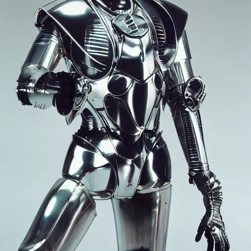 Image similar to sparkling chrome insect - themed battle armour, 1 9 8 0 s futurism, super sentai hero, tokusatsu, robin williams, robocop, studio lighting, fujifilm