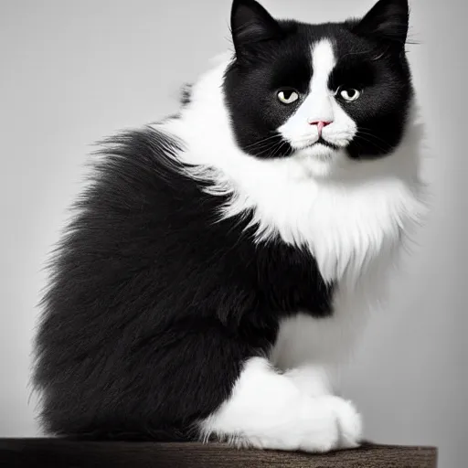 Image similar to fluffy tuxedo cat portrait, white cheeks, aesthetic highly detailed soft fur and paws, professionally shot photorealistic 8k photograph, 35mm Canon EOS R3, rendered in octane, by Natalie Große and Jason Allison