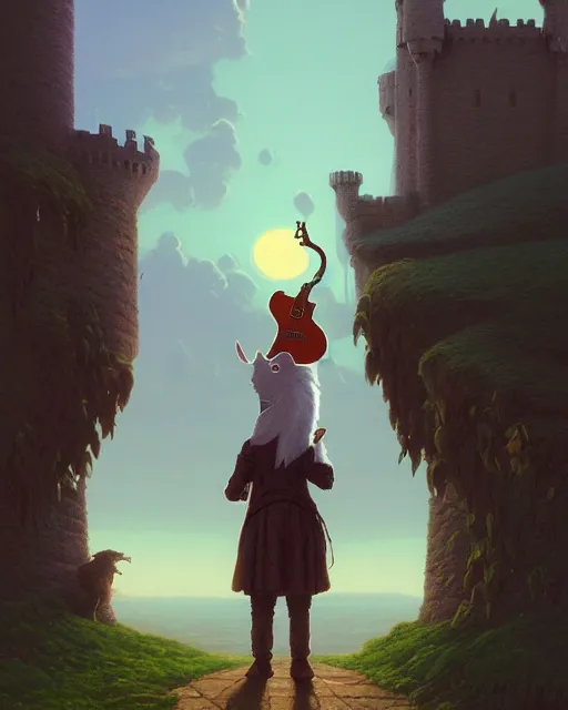 Image similar to highly detailed surreal vfx portrait antropomorphic rat holding guitar looking castle in the distance stephen bliss unreal engine greg rutkowski loish, rhads, beeple, makoto shinkai and lois van baarle ilya kuvshinov rossdraws, tom bagshaw, alphonse mucha, global illumination, detailed and intricate environment