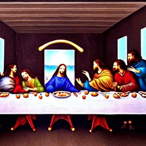 Image similar to the last supper with an alien sitting in the middle of the table