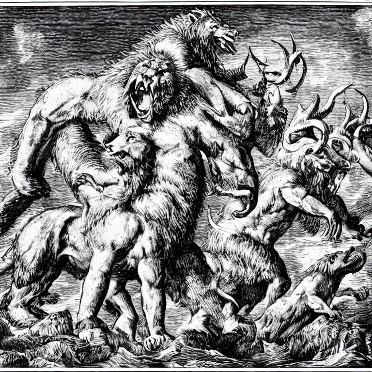 Image similar to a beast rise up out of the sea, having seven heads and ten horns, and upon his horns ten crowns, and his feet were as the feet of a bear, and his mouth as the mouth of a lion.