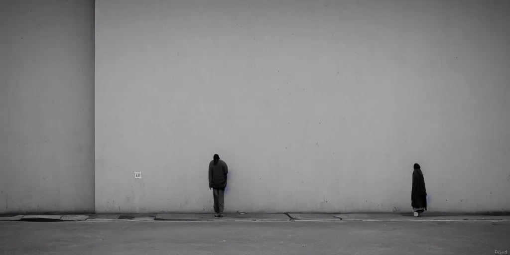 Prompt: lonely urban landscape with a few people standing by marc trujillo, emotional emptiness