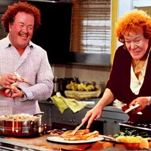 Image similar to movie still of julia child and guy fieri cooking show