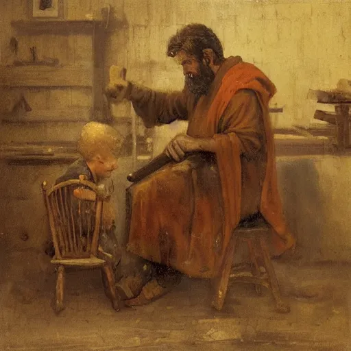 Image similar to St. Joseph using a saw to cut wood with a small child seated on a stool beside him, ancient worn robes, by Jeremy Mann, stylized, detailed, realistic, loose brush strokes, simple, wholesome, earthy tones, touch of gold leaf