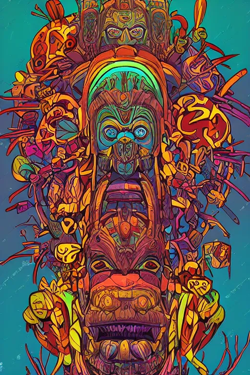 Image similar to totem animal mask tribal feather gemstone plant wood rock shaman vodoo video game vector illustration vivid multicolor borderlands comics by josan gonzales and dan mumford radiating a glowing aura