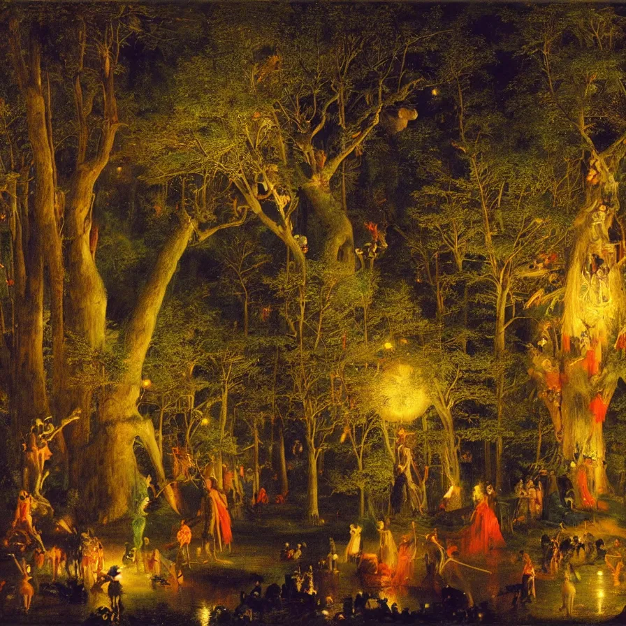 Image similar to a night carnival around a magical tree cavity, with a surreal orange moonlight and fireworks in the background, next to a lake with iridiscent water, christmas lights, folklore animals and people disguised as fantastic creatures in a magical forest by summer night, masterpiece painted by paul delaroche, dark night environment