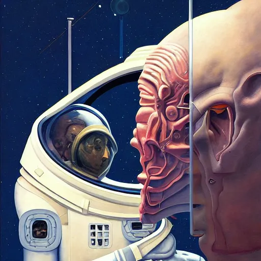 Image similar to Astronaut portrait half face robot,highly detailed, very coherent, painted by Francis Bacon and Edward Hopper, Wayne Barlowe, painted by James Gilleard, surrealism, airbrush, art by JamesJean