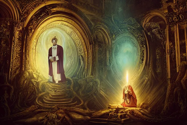 Image similar to photography group circle pope priest in an invoking ritual in front of a viscosity cthulhu within a lovecraft portal in a baroque intricate church, atmospheric lighting, rich deep colors masterpiece, fractal crystals, fantasy portrait by tom bagshaw