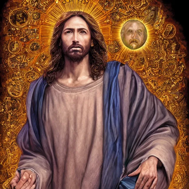 Prompt: the portrait of jesus christ with cosmic colours, an ultrafine hyperdetailed illustration by kim jung gi, irakli nadar, detailed faces, intricate linework, bright colors, octopath traveler, final fantasy, unreal engine 5 highly rendered, global illumination, radiant light, detailed and intricate environment