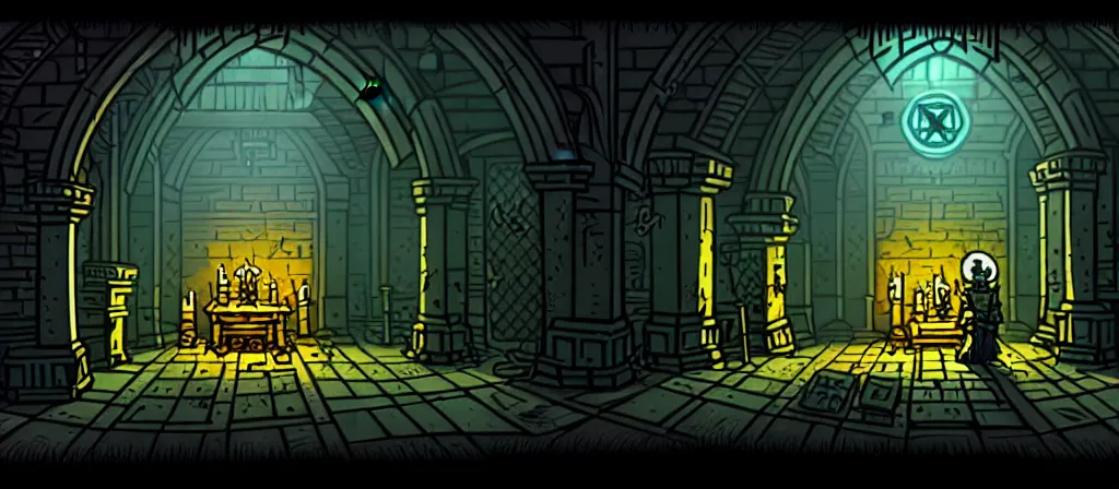 Prompt: A room with a darkened doorway in the endless grimdarkest dungeon depths. trending on artstation, vibrant palette, highly detailed digital illustration. Stumbling upon an occult Cthulhu worship ritual site.