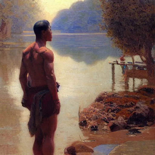 Image similar to asian man by the river, muscular, painted by Gaston Bussiere, Craig Mullins