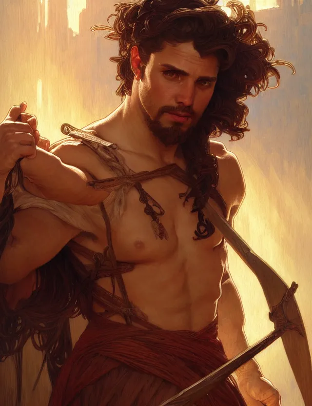 Image similar to portrait of biblical cain holding a spear, intricate, headshot, highly detailed, digital painting, artstation, concept art, sharp focus, cinematic lighting, illustration, art by artgerm and greg rutkowski, alphonse mucha, cgsociety