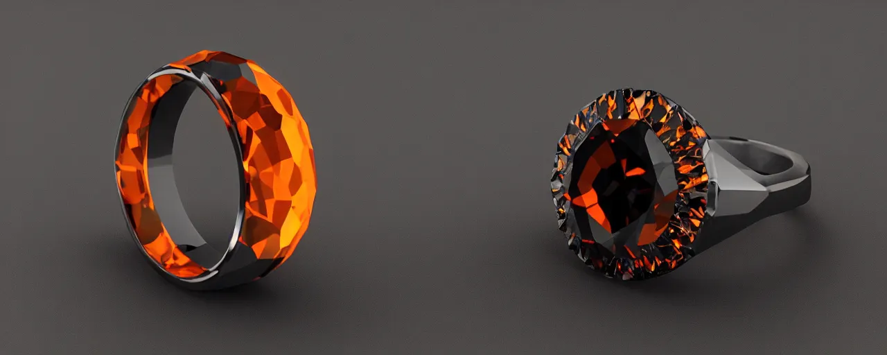 Image similar to simple black tungsten magic crystal ring, radiant cut, fire, orange, smooth shank, crystal, engravings, diamonds, product design, jewelry, colorful, art by gerald brom, greg rutkowski and artgerm, photo realism, unreal engine, c 4 d