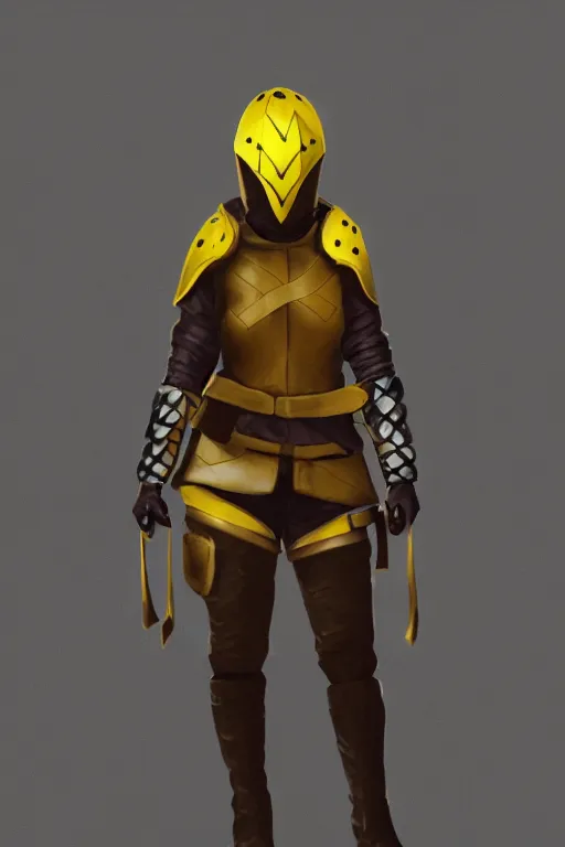 Prompt: female adventurer in tight full - body canary yellow gambeson leather armor of italian design with diamond pattern and brown leather accents and a closed armet helmet with visor down, trending in artstation, establishing shot