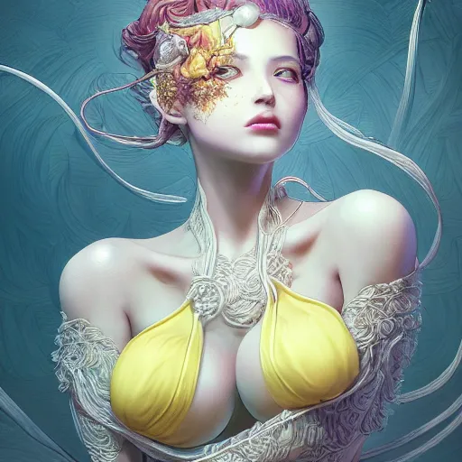 Prompt: the portrait of a sensual lemon that resembles an absurdly beautiful, graceful, elegant gravure idol covering herself, an ultrafine hyperdetailed illustration by kim jung gi, irakli nadar, intricate linework, bright colors, octopath traveler, final fantasy, unreal engine 5 highly rendered, global illumination, radiant light, detailed and intricate environment