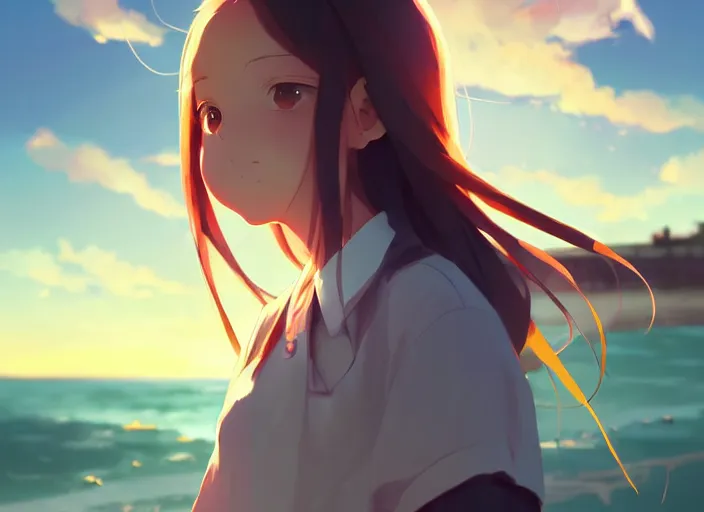 Image similar to portrait of cute girl, sunset sky in background, beach landscape, illustration concept art anime key visual trending pixiv fanbox by wlop and greg rutkowski and makoto shinkai and studio ghibli and kyoto animation, futuristic wheelchair, symmetrical facial features, future clothing, backlit