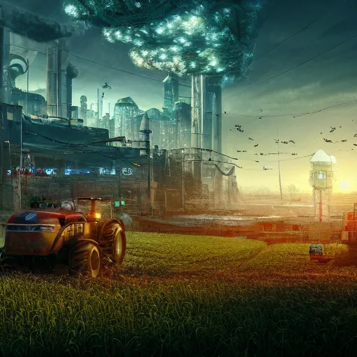 Image similar to fully detailed landscape of a cyberpunk farm , watertank, futuristic tractors, farmhouse, mushroom, overgrowth, Ai , cinematic lightening, in the future, high quality, 8k , octane render, trending on artstation , greg rutowski