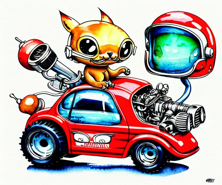 Image similar to cute and funny, margay wearing a helmet driving a tiny hot rod with an oversized engine, ratfink style by ed roth, centered award winning watercolor pen illustration, isometric illustration by chihiro iwasaki, edited by craola, tiny details by artgerm and watercolor girl, symmetrically isometrically centered