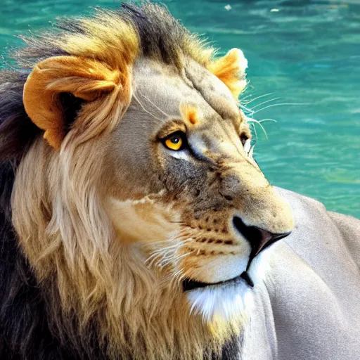 Prompt: a photo of an animal with lion's head and fish's tail