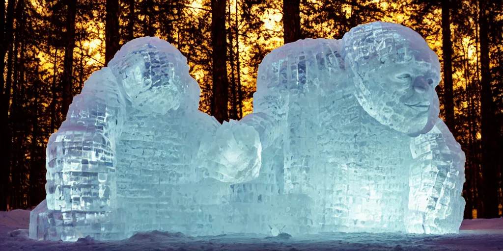 Prompt: giant ice sculpture of a golem, fire, glow, cinematic photo, forest, mountain, concept art