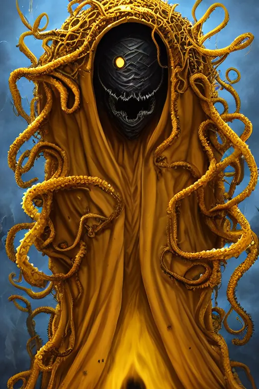 Image similar to A full body portrait of a mysterious character with no face with a very long hooded yellow cloak, a golden crown floating above his head tentacles coming out the ground art by John J. Park, and Jason Chan, ominous, cosmic horror, trending on artstation, Ultra detailed, hyper realistic 4k