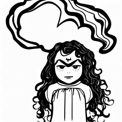 Image similar to clean simple line art of a little girl with short wavy curly hair. she is a superhero, wearing a superhero costume. white background. well composed, clean black and white line drawing, beautiful detailed face. illustration by charlie adlard and steve ditko
