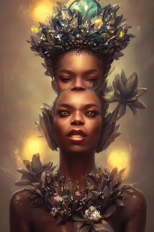 Image similar to beautiful black model wearing crystal crown full of jewels, warhammer, cyberpunk, 3 d render, hyper realistic detailed portrait, holding magic flowers, scifi, fantasy, hyper detailed, octane render, concept art, peter mohrbacher, artgerm, ruan jia, wlop