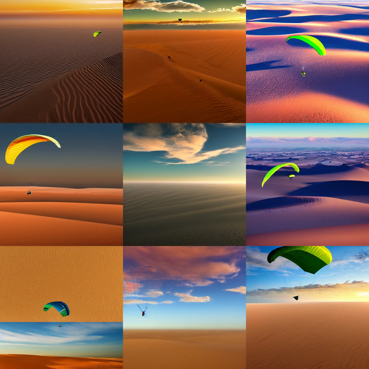 Prompt: green paraglider flying over the namibian sand dunes, digital art, cumulus clouds, golden hour, dusk concept art, aerial view