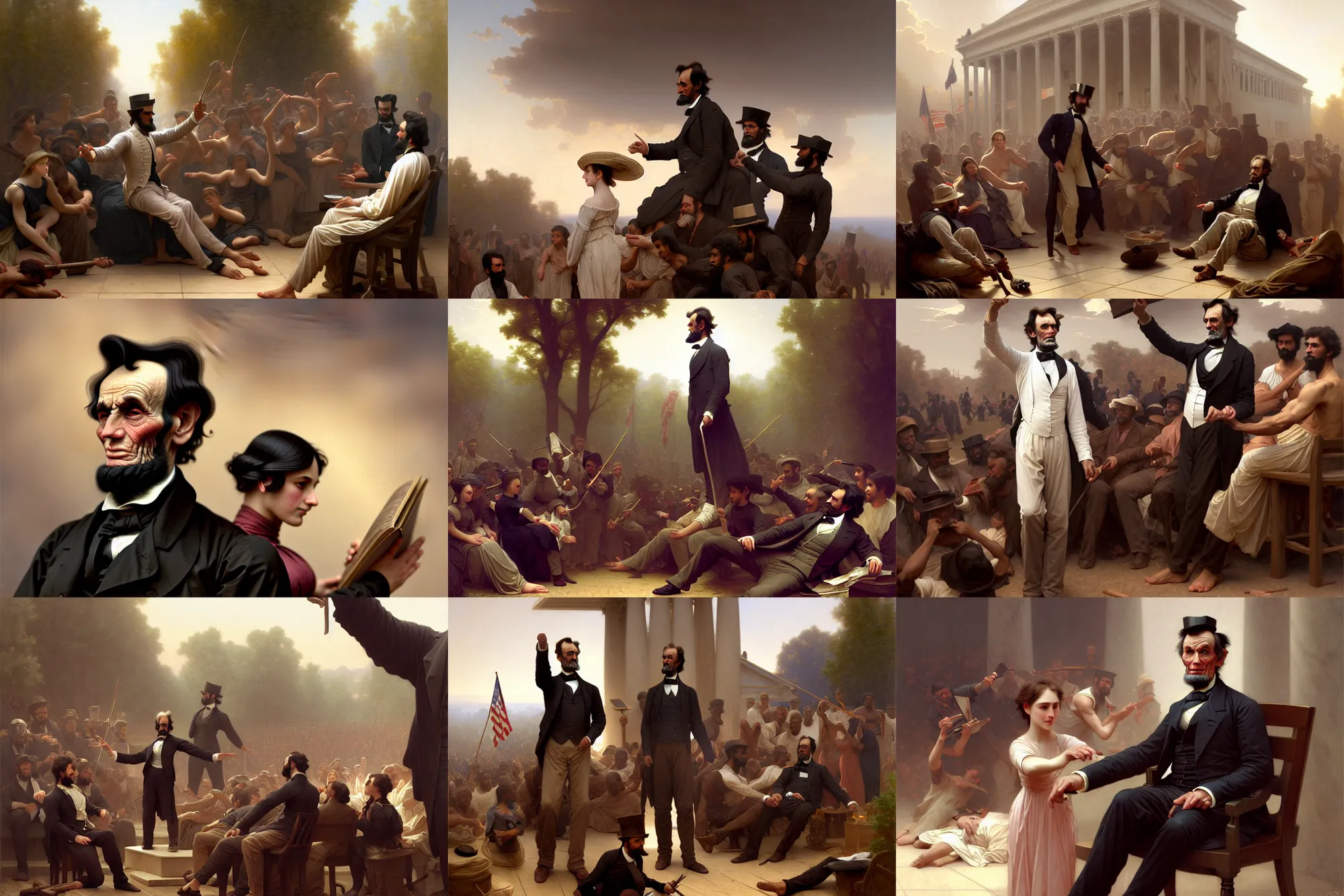 Prompt: depiction of president lincoln freeing the slaves, illustration by mandy jurgens and william adolphe bouguereau, artgerm, 4 k, digital art, surreal, highly detailed, artstation, digital painting, concept art, smooth, sharp focus, illustration by mandy jurgens and william adolphe bouguereau