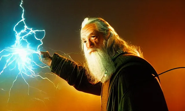 Prompt: cyber - gandalf with large robotic arm with electric arcs and sparks battling the balrog epic cinematic 3 5 mm photograph