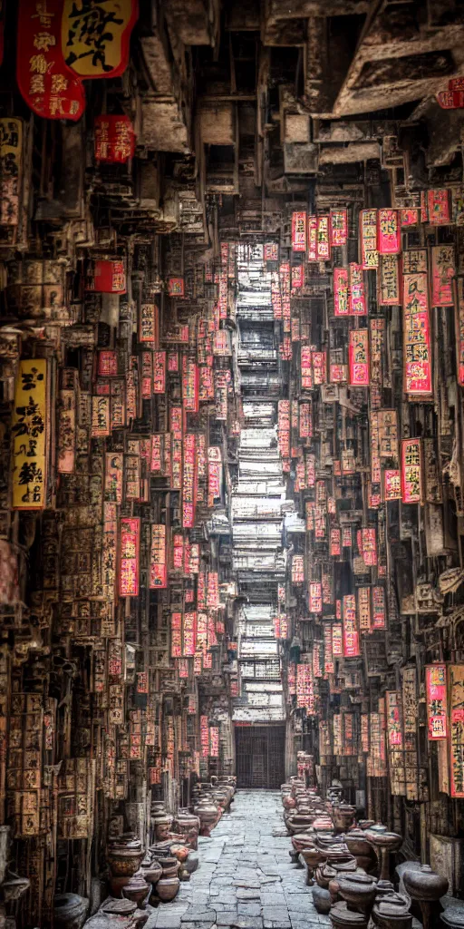 Prompt: an interior view of Kowloon walled city in Hong Kong, very detailed, photoreal, 8k, canon 20mm lens