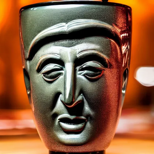 Image similar to a closeup photorealistic photograph of a glossy ferrari themed tiki mug at at a trader vic's bar featuring the face of young enzo ferrari. party. tiki theme. bright scene. fine detail. this 4 k hd image is trending on artstation, featured on behance, well - rendered, extra crisp, features intricate detail, epic composition and the style of unreal engine.